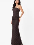 ber-3159 - Kahverengi Dantel Straplez Boncuk İşlemeli Korse Detaylı Drape Uzun Abiye Elbise - Görsel 1