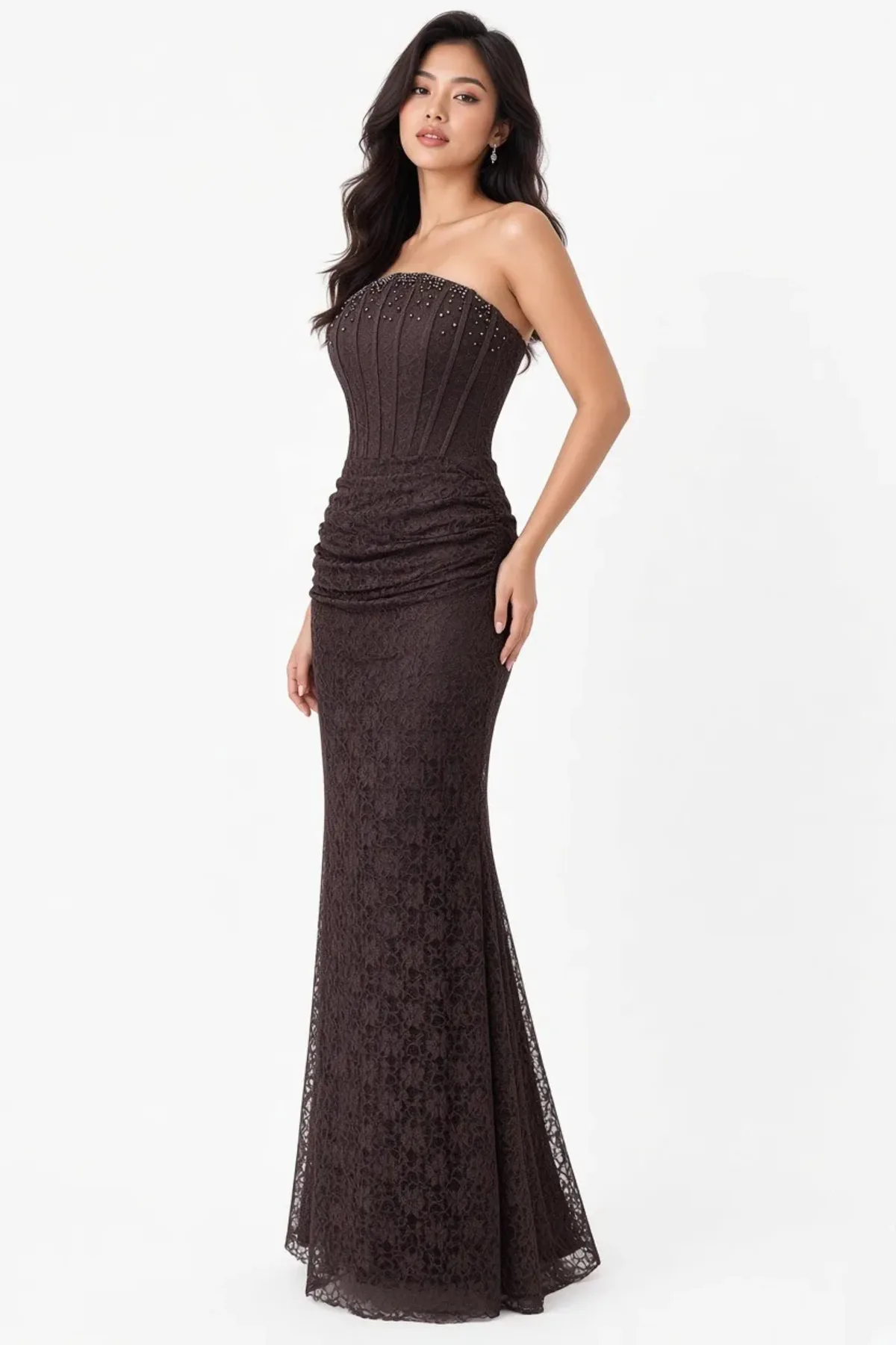 ber-3159 - Kahverengi Dantel Straplez Boncuk İşlemeli Korse Detaylı Drape Uzun Abiye Elbise - Görsel 1