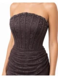 ber-3159 - Kahverengi Dantel Straplez Boncuk İşlemeli Korse Detaylı Drape Uzun Abiye Elbise - Görsel 4