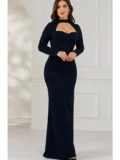 BER-3940 - Lacivert Krep Korse Detaylı İşlemeli Pencere Yaka Uzun Abiye Elbise - Görsel 1