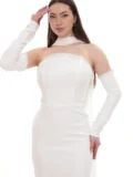 Beyaz İnci Detaylı Choker Yakalı Eldiven Kollu Abiye