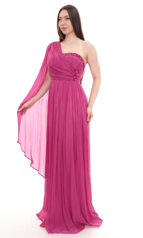 Fuşya Şifon Tek Omuzlu Şal Kollu Taş İşlemeli Abiye