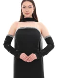 Siyah İnci Detaylı Choker Yakalı Tül Pelerinli Eldiven Kollu Abiye