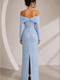 zrd-3045 - Bebe Mavi Tam Payet İşlemeli Kare Yaka Şal Kollu Saçaklı Abiye - Görsel 3