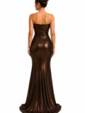 zrd-3050 - Bronz Metalik Straplez Aksesuar Detaylı Drapeli Yırtmaçlı Abiye - Görsel 3