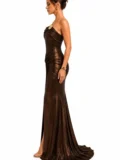 zrd-3050 - Bronz Metalik Straplez Aksesuar Detaylı Drapeli Yırtmaçlı Abiye - Görsel 4