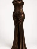 zrd-3050 - Bronz Metalik Straplez Aksesuar Detaylı Drapeli Yırtmaçlı Abiye - Görsel 5