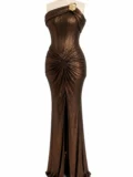 zrd-3050 - Bronz Metalik Straplez Aksesuar Detaylı Drapeli Yırtmaçlı Abiye - Görsel 6