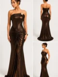 zrd-3050 - Bronz Metalik Straplez Aksesuar Detaylı Drapeli Yırtmaçlı Abiye - Görsel 7