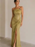 zrd-3050 - Gold Metalik Straplez Aksesuar Detaylı Drapeli Yırtmaçlı Abiye - Görsel 1