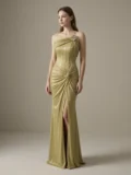 zrd-3050 - Gold Metalik Straplez Aksesuar Detaylı Drapeli Yırtmaçlı Abiye - Görsel 3