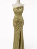 zrd-3050 - Gold Metalik Straplez Aksesuar Detaylı Drapeli Yırtmaçlı Abiye - Görsel 4