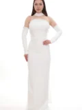 zrd-1158-beyaz - Beyaz İnci Detaylı Choker Yakalı Eldiven Kollu Abiye - Görsel 1