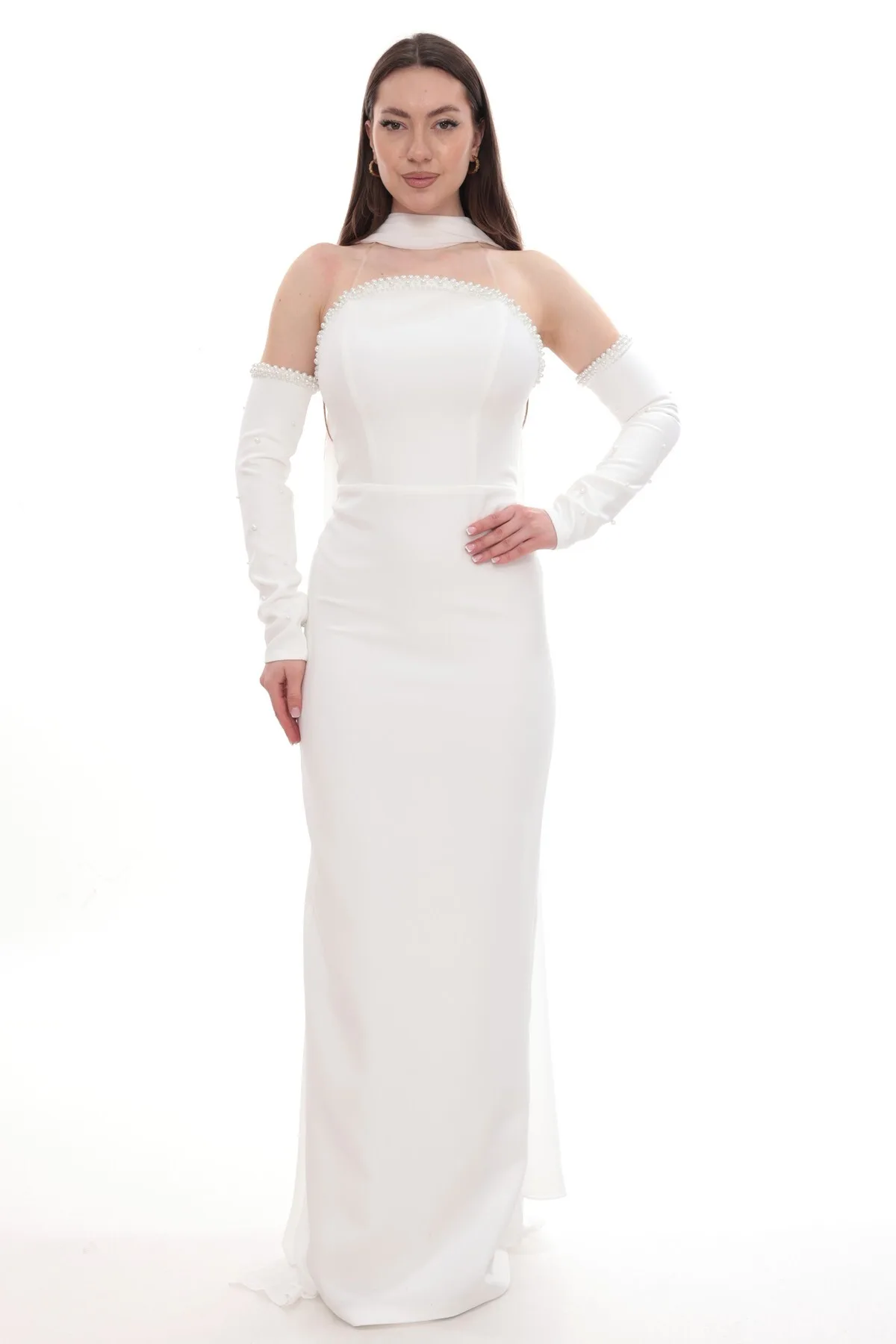 zrd-1158-beyaz - Beyaz İnci Detaylı Choker Yakalı Eldiven Kollu Abiye - Görsel 1