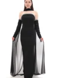 zrd-1158-siyah - Siyah İnci Detaylı Choker Yakalı Tül Pelerinli Eldiven Kollu Abiye - Görsel 1
