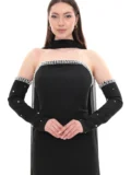 zrd-1158-siyah - Siyah İnci Detaylı Choker Yakalı Tül Pelerinli Eldiven Kollu Abiye - Görsel 3