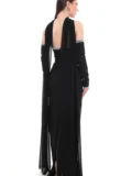 zrd-1158-siyah - Siyah İnci Detaylı Choker Yakalı Tül Pelerinli Eldiven Kollu Abiye - Görsel 5